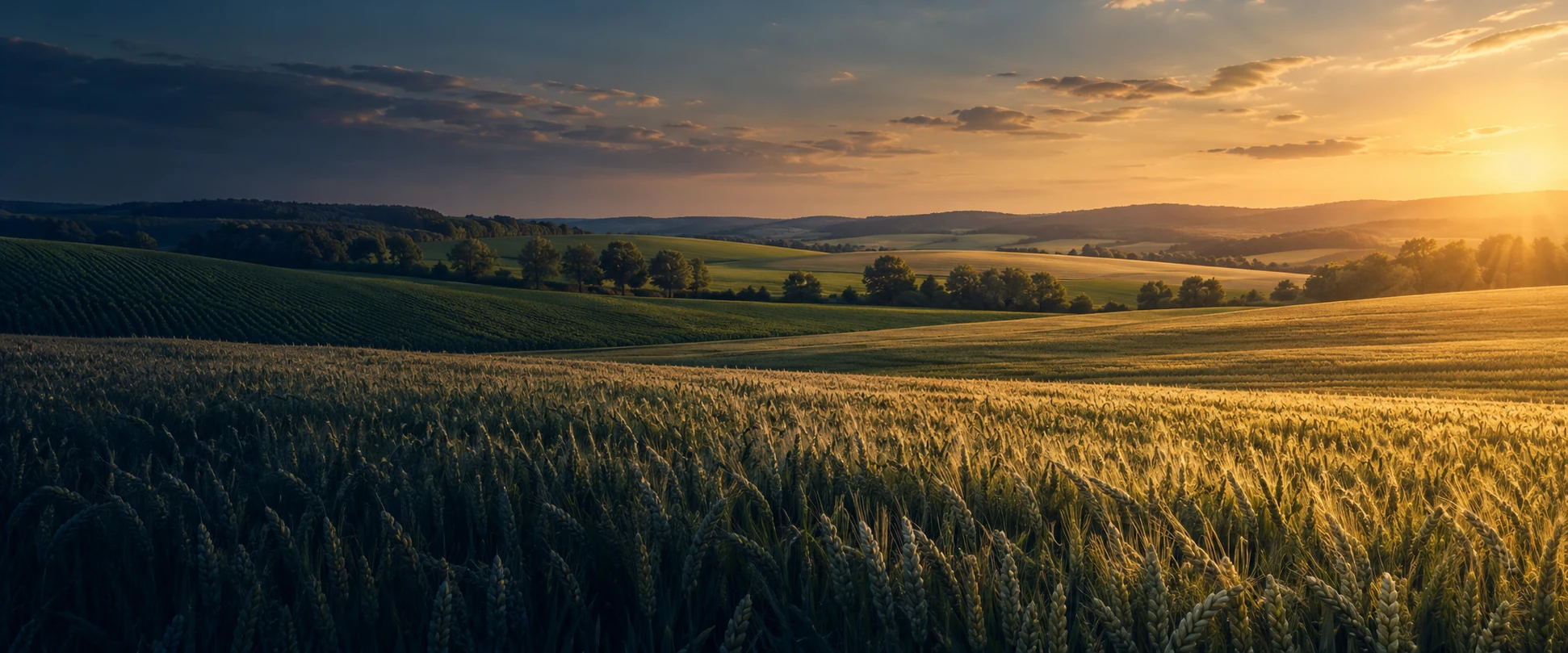 Golden fields and green agricultural rows in soft evening light